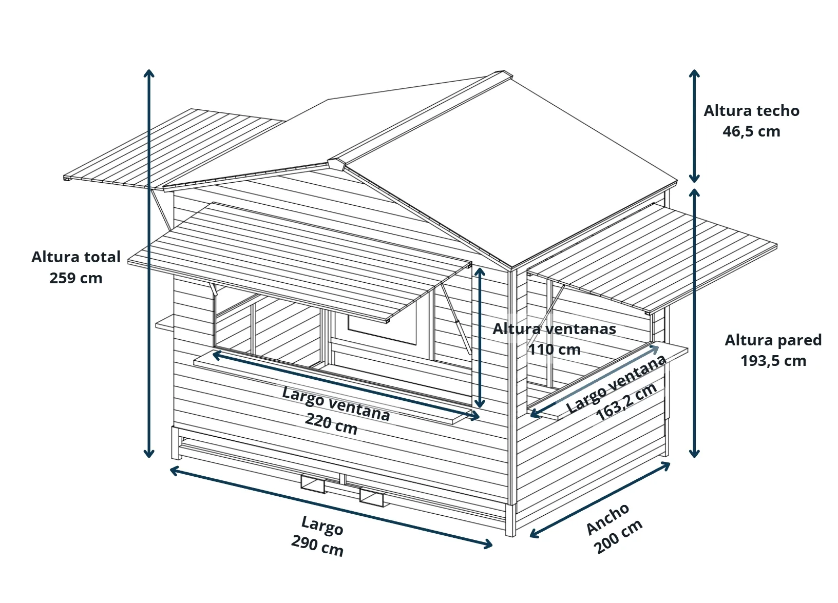 Plano con dimensiones - 290×200 cm · Altura total 259 cm